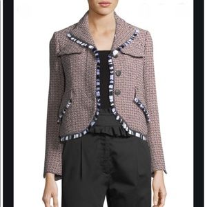 $1,180.00 Carven
Tweed Button-Front Jacket with Fringed Trim